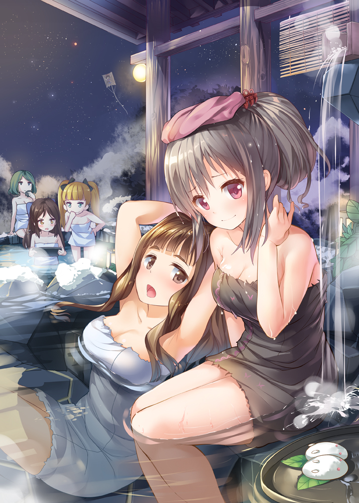 5girls, armpits, bangs, blonde_hair, blue_eyes, blunt_bangs, bow, breasts