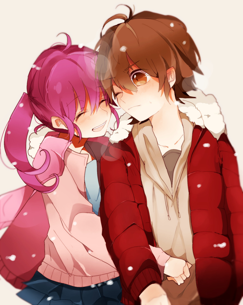 1boy, 1girl, ahoge, aino_megumi, blue_skirt, blush, breath, brown_eyes