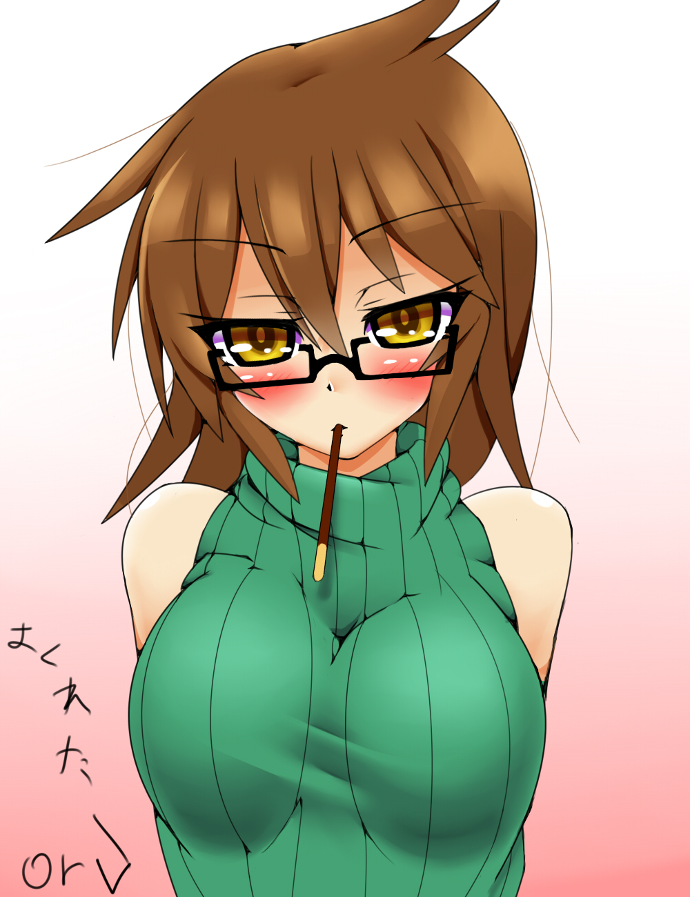 1girl, aussa, breasts, brown_eyes, brown_hair, duel_monster, glasses, highres, looking_at_viewer, pocky, satsujinki_(artist), short_hair, sleeveless, sleeveless_turtleneck, solo, sweater, turtleneck, yuu-gi-ou