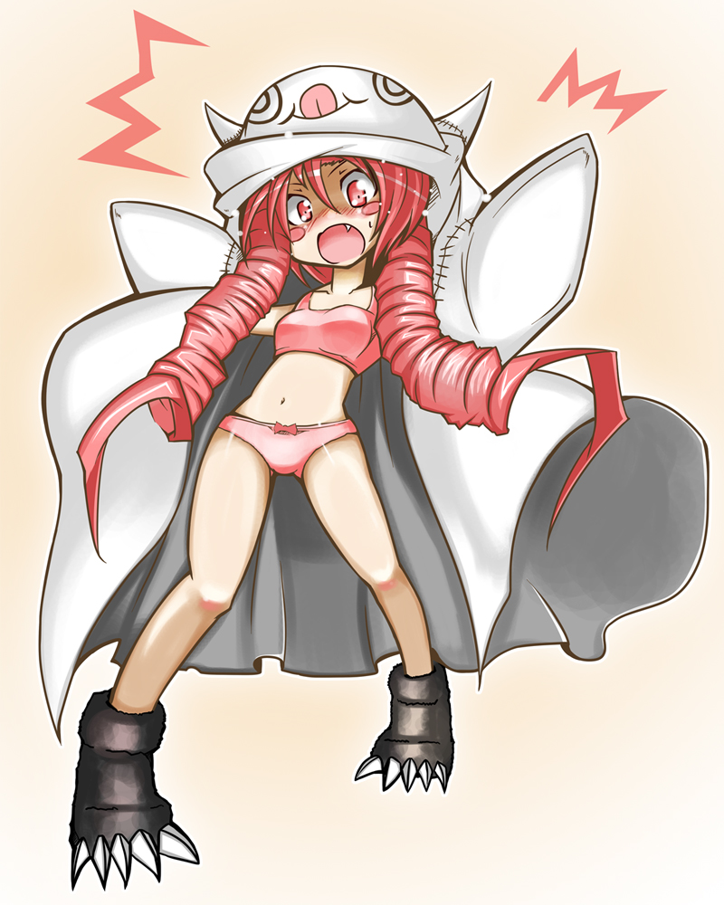 1girl, :q, blush, blush_stickers, bra, claws, drill_hair, duel_monster