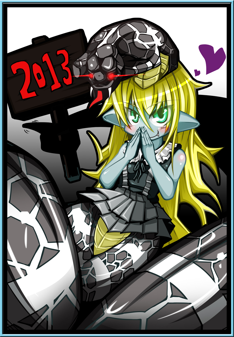 1girl, 2013, blonde_hair, blue_skin, chinese_zodiac, duel_monster, fang, gothic_lolita