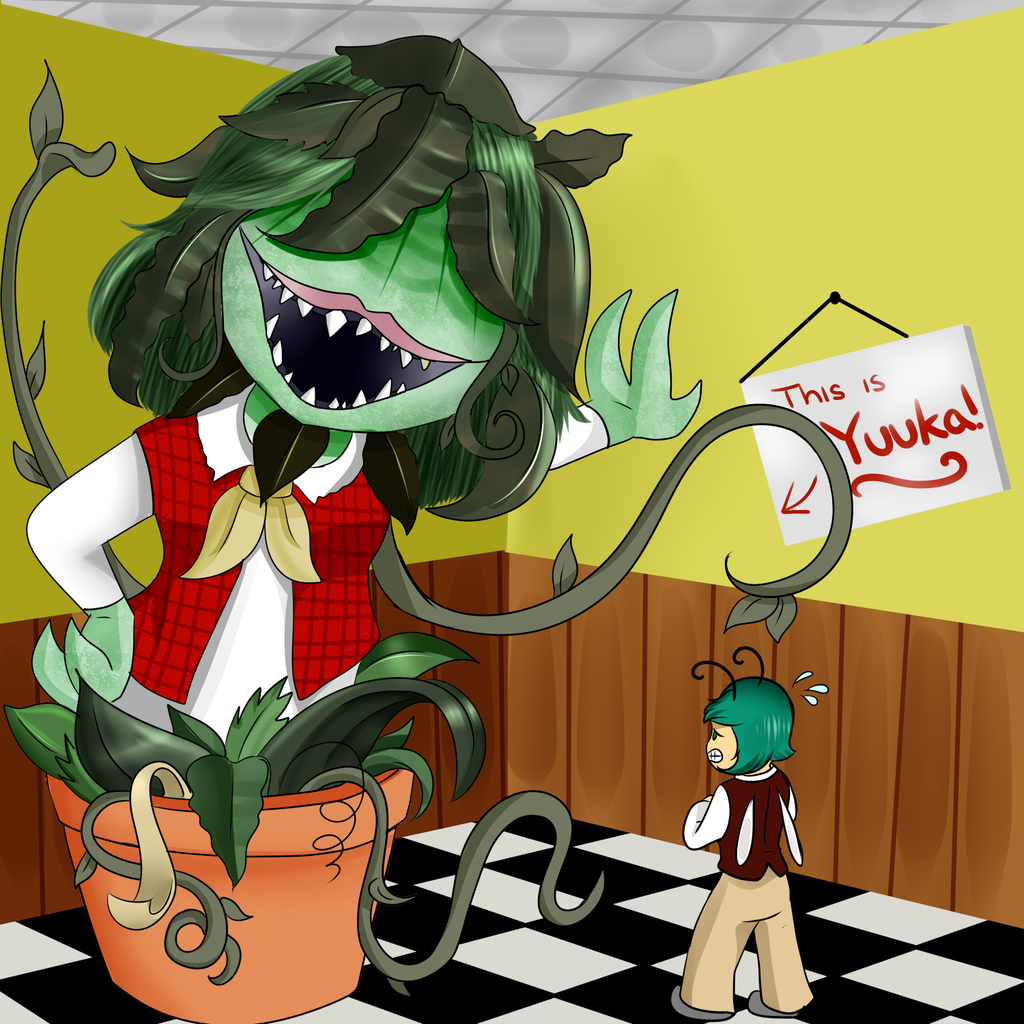2girls, ascot, audrey_ii, flower_pot, green_hair, kazami_yuuka, little_shop_of_horrors, multiple_girls, nest, plaid, plaid_vest, plant, sharp_teeth, sign, theomegagod, touhou, vines, wings, wriggle_nightbug