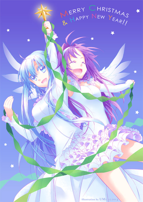 2girls, arms_up, asuna_(sao), asuna_(sao-alo), blue_eyes, blue_hair, dress, hairband