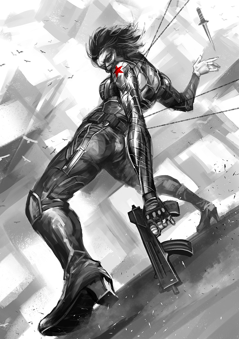 1girl, ass, captain_america_the_winter_soldier, cyborg, dagger, genderswap, gun, james_buchanan_barnes