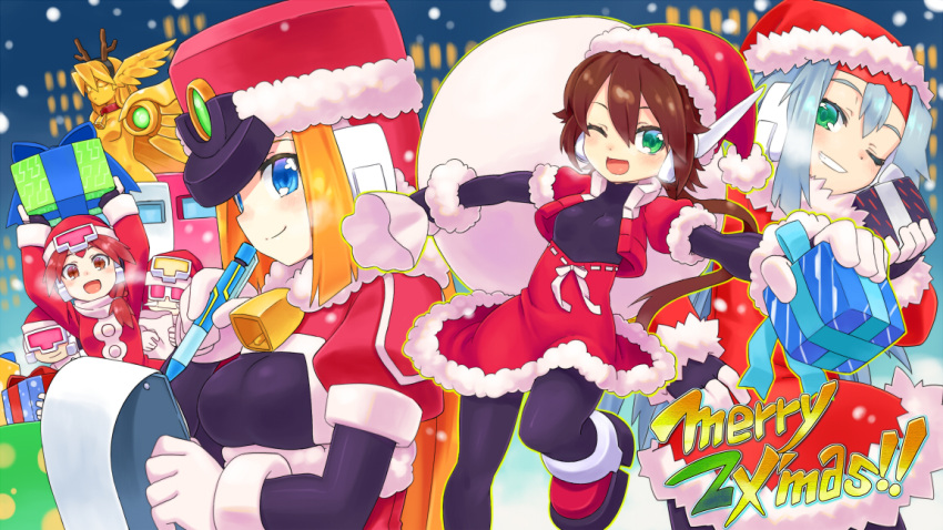 aile, ashe_(rockman), blonde_hair, blue_eyes, bodysuit, box, brown_hair, gift