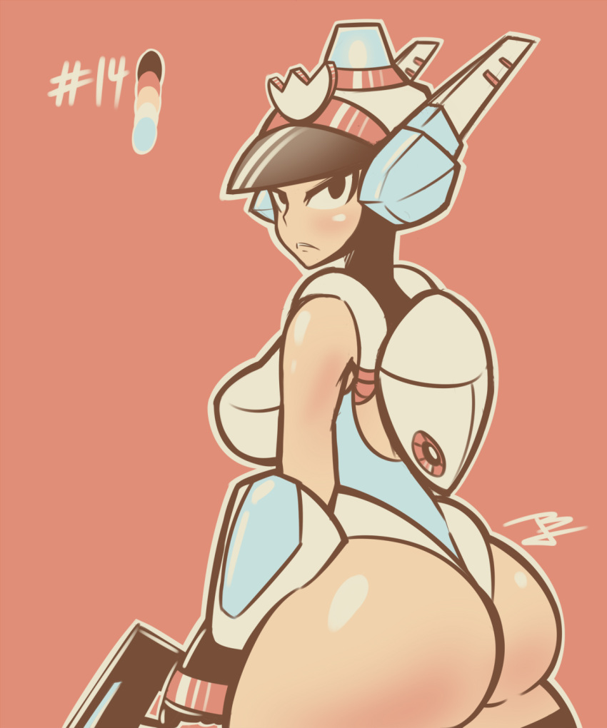 1girl, ass, bodysuit, breasts, gauntlets, helmet, highres, huge_ass