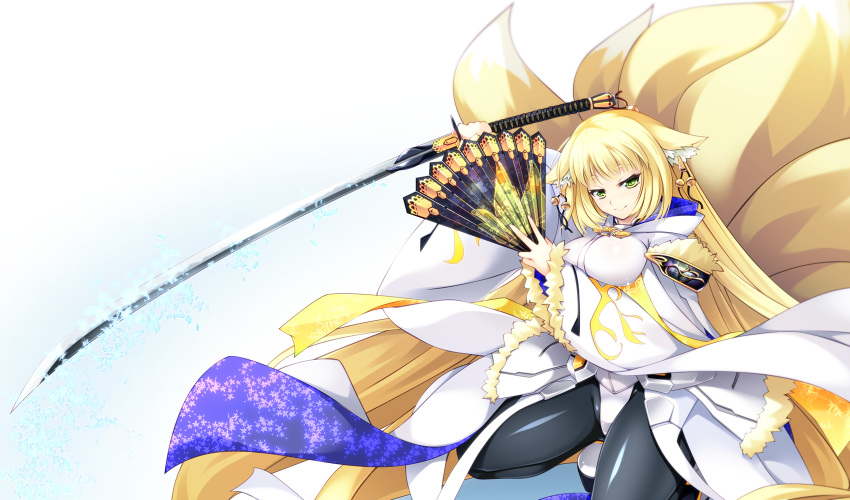 1girl, animal_ears, blonde_hair, fan, folding_fan, fox_ears, fox_tail, green_eyes, highres, japanese_clothes, katana, kyoukaisenjou_no_horizon, long_hair, mogami_yoshiaki_(horizon), multiple_tails, pantyhose, petals, solo, sword, tail, tebukuro, very_long_hair, weapon