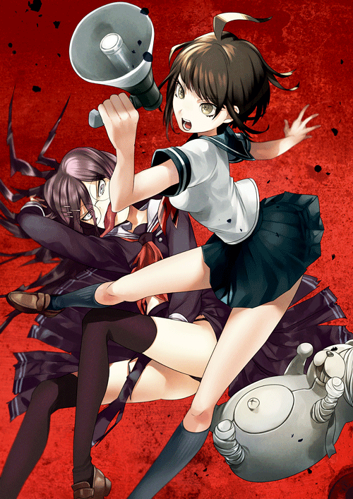 brown_hair, dangan_ronpa, fukawa_touko, glasses, megaphone, naegi_komaru, purple_hair, school_uniform, shirokuma_(dangan_ronpa), skirt, thigh-highs, tongue, tongue_out, torn_clothes, torn_skirt, yan'yo_(yan'yan'yo), zettai_zetsubou_shoujo