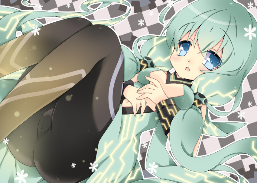 1girl, blue_eyes, dutch_angle, green_hair, juno_(phantasy_star_nova), long_hair, looking_at_viewer, milkpanda