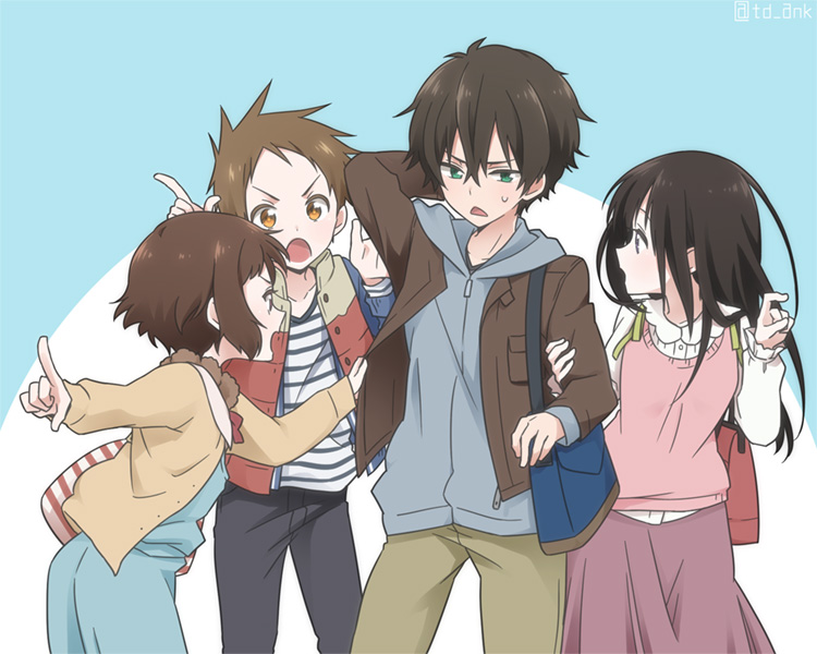 2boys, 2girls, arguing, bag, black_hair, brown_eyes, brown_hair, chitanda_eru, fukube_satoshi, green_eyes, hyouka, ibara_mayaka, long_hair, multiple_boys, multiple_girls, oreki_houtarou, short_hair, teadial, violet_eyes