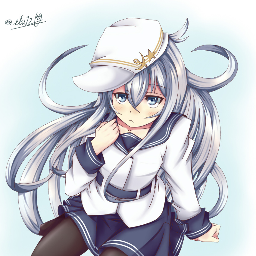 :<, belt, clenched_hands, eris_120, grey_eyes, hat, hibiki_(kantai_collection), highres