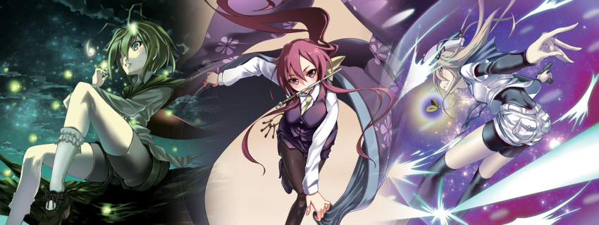 3girls, alternate_costume, antennae, blonde_hair, capelet, fireflies, green_eyes, green_hair