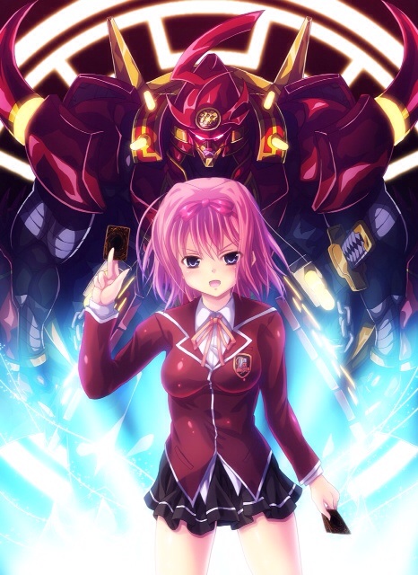1girl, black_eyes, card, duel_monster, legendary_six_samurai_shi_en, materializing, open_mouth, pink_hair, school_uniform, short_hair, skirt, takayuuki, tsan_dire, yuu-gi-ou