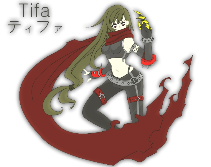 1girl, brown_eyes, brown_hair, character_name, final_fantasy, final_fantasy_vii, fingerless_gloves, midriff