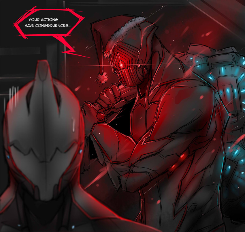 carrying, carrying_over_shoulder, english, excalibur_(warframe), hat, highres, kuma_x, sack, santa_hat, stalker_(warframe), sweatdrop, warframe
