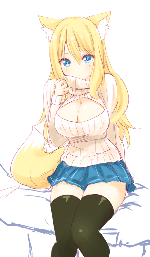 1girl, animal_ears, aoi_(naomi), black_legwear, blonde_hair, blue_eyes, breasts, cleavage