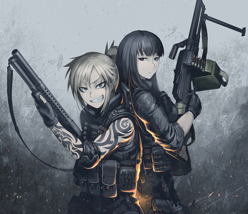 2girls, back-to-back, black_eyes, black_hair, blonde_hair, blue_eyes, elbow_pads, fingerless_gloves, gloves, grin, gun, handgun, height_difference, hetza_(hellshock), load_bearing_vest, long_hair, looking_at_viewer, machine_gun, mossberg_590, multiple_girls, original, otsukai_(hetza), pkm, ponytail, shotgun, shotgun_shells, smile, sparks, suzumi_(hetza), tattoo, trigger_discipline, weapon