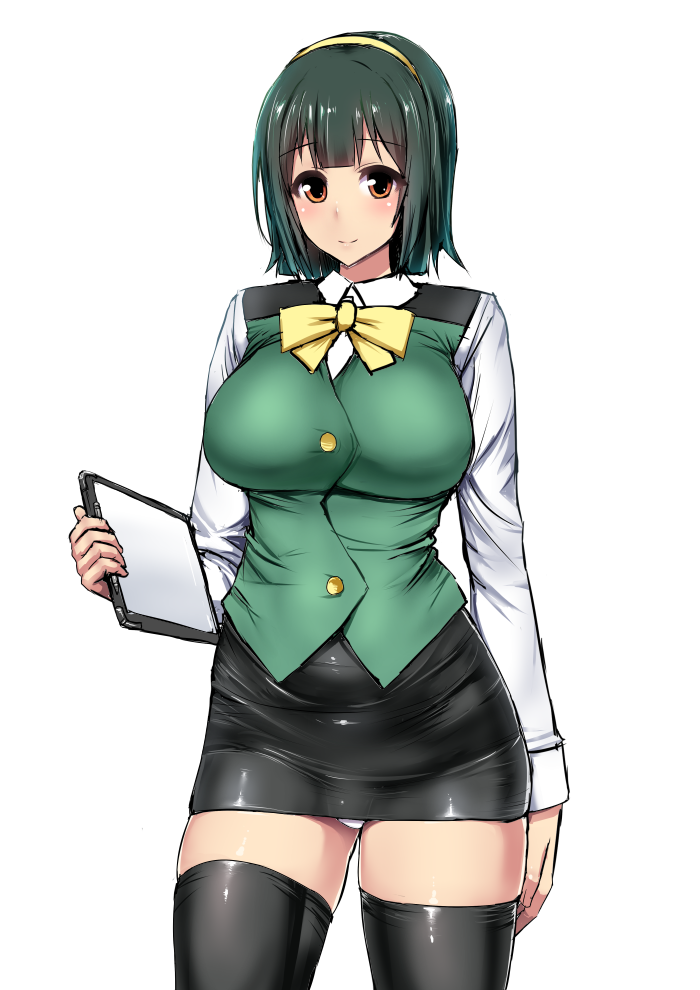 1girl, blush, breasts, brown_eyes, dress, green_hair, hairband, headset