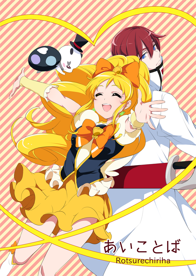 1boy, 1girl, blonde_hair, blue_eyes, bow, brooch, chiyo_(rotsurechiriha), closed_eyes