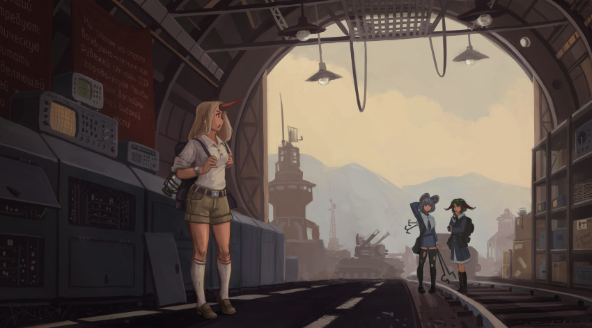 3girls, absurdres, backpack, bag, belt, belt_buckle, blonde_hair, computer