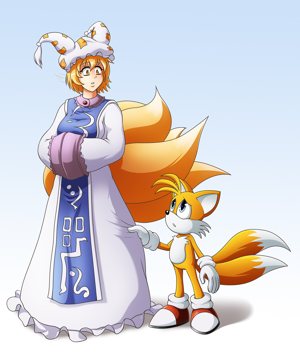 1boy, 1girl, animal_ears, blonde_hair, blue_background, blue_eyes, breasts, crossover