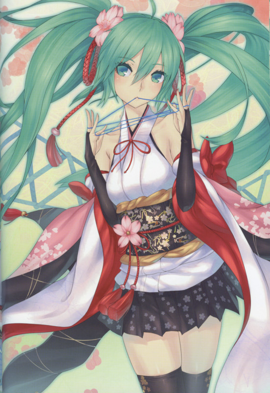 1girl, 2d, detached_sleeves, flower, green_eyes, green_hair, hair_flower, hair_ornament, hatsune_miku, japanese_clothes, miko, obi, sash, solo, string_around_finger, string_in_mouth, traditional_clothes, twintails, vocaloid
