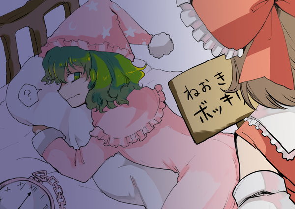 2girls, bow, brown_hair, clock, detached_sleeves, green_eyes, green_hair, hair_bow