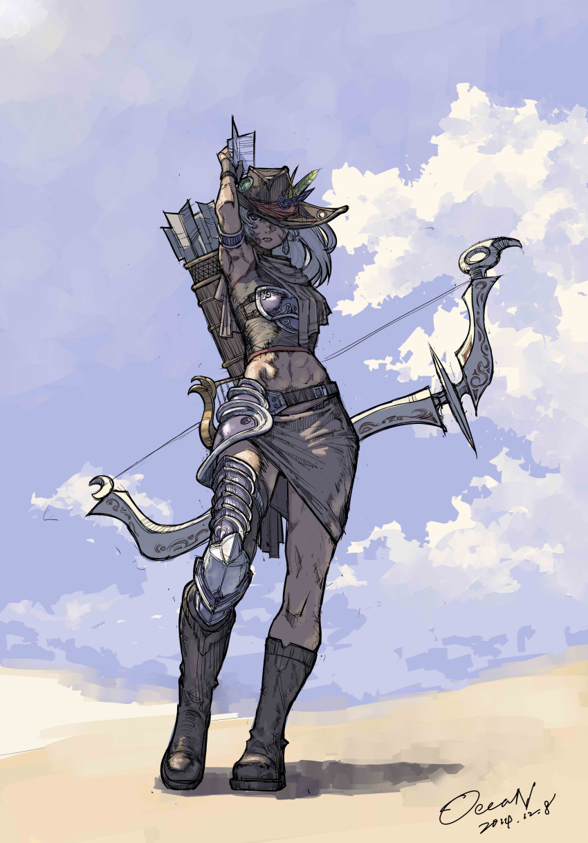 abs, absurdres, armband, armor, arrow, bard_(final_fantasy), bow_(weapon), brown_hair, earrings, final_fantasy, final_fantasy_xiv, gloves, harp, hat, highres, hyur, instrument, jewelry, long_hair, ocean_(moguyobi), quiver, scarf, silver_hair, violet_eyes, weapon