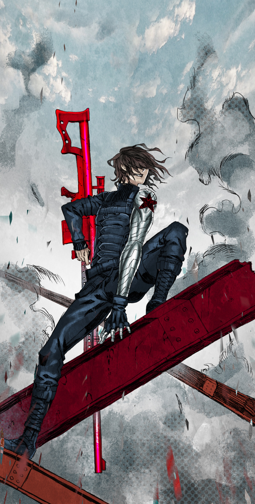 1boy, absurdres, artificial_arm, brown_hair, captain_america_the_winter_soldier, cyborg, fangs, girder
