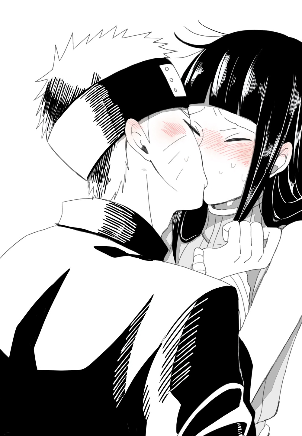 1boy, 1girl, black_hair, blush, closed_eyes, couple, facial_mark, forehead_protector