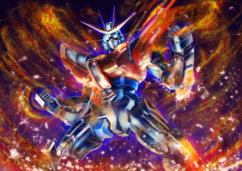 build_burning_gundam, clenched_hands, fire, glowing, glowing_eyes, gundam, gundam_build_fighters, gundam_build_fighters_try