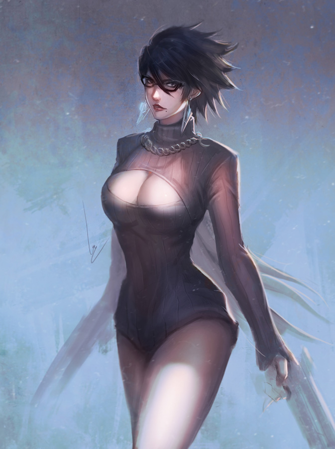 1girl, bayonetta, bayonetta_(character), bayonetta_2, black-framed_glasses, black_eyes, black_hair, blue_background