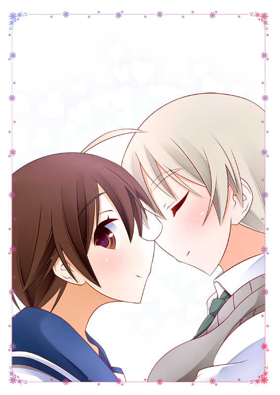 2girls, blonde_hair, blush, brown_hair, bust, closed_eyes, from_side, hajime_monji