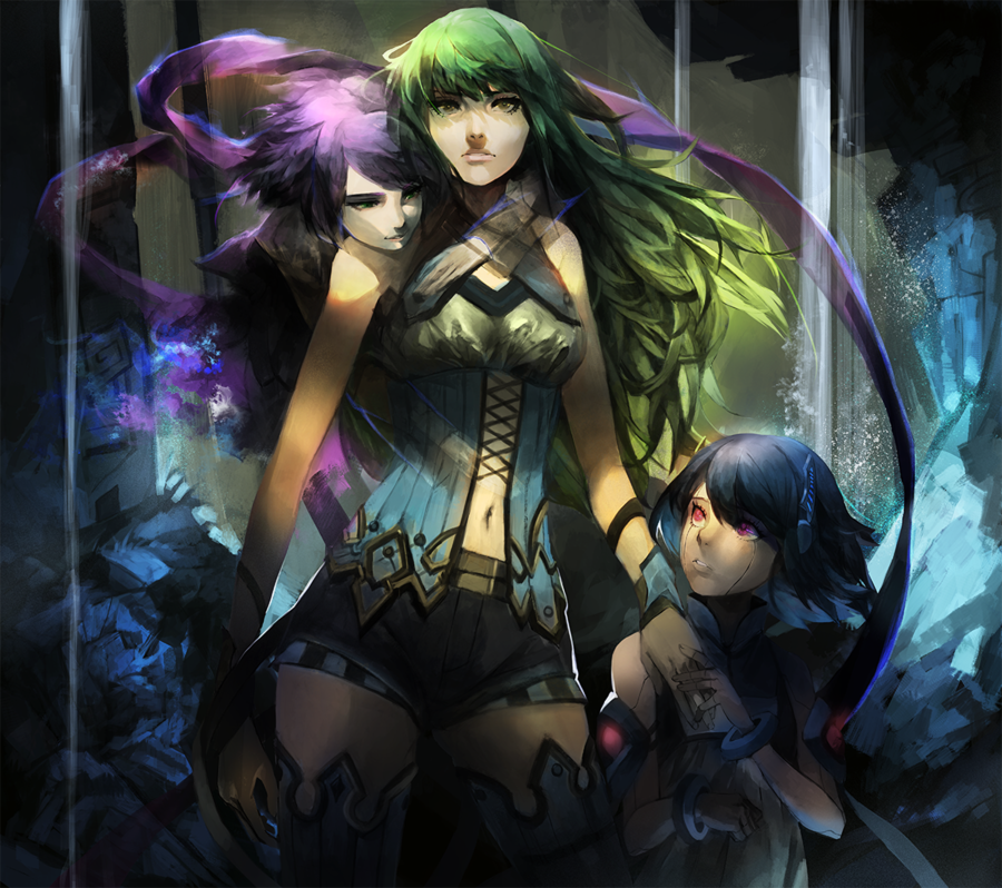 3girls, alpha_(acerailgun), blue_hair, borrowed_character, d-oppelganger, fur_trim, ghost, green_eyes