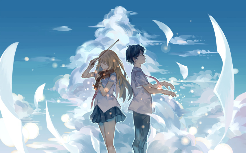 1boy, 1girl, arima_kousei, black_hair, blonde_hair, bow_(instrument), closed_eyes, clouds, glasses, highres, holding, instrument, light_smile, long_hair, miyazono_kawori, necktie, pants, paper, pleated_skirt, school_uniform, shigatsu_wa_kimi_no_uso, shirt, short_hair, short_sleeves, skirt, sky, violin, zicai_tang