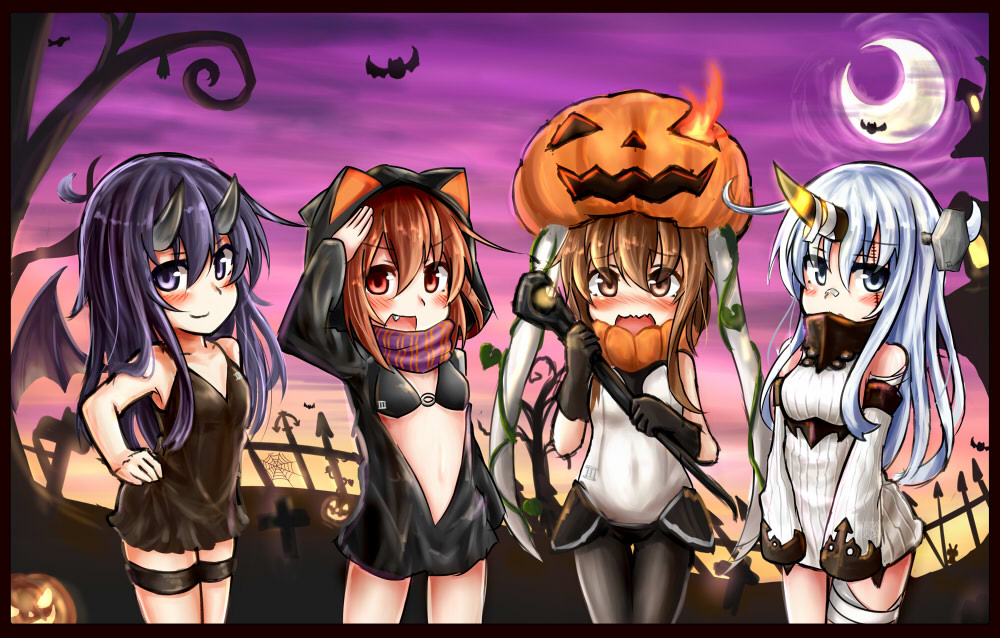 >:d, 4girls, :d, akatsuki_(kantai_collection), alternate_costume, bat_wings, battleship-symbiotic_hime, battleship-symbiotic_hime_(cosplay)