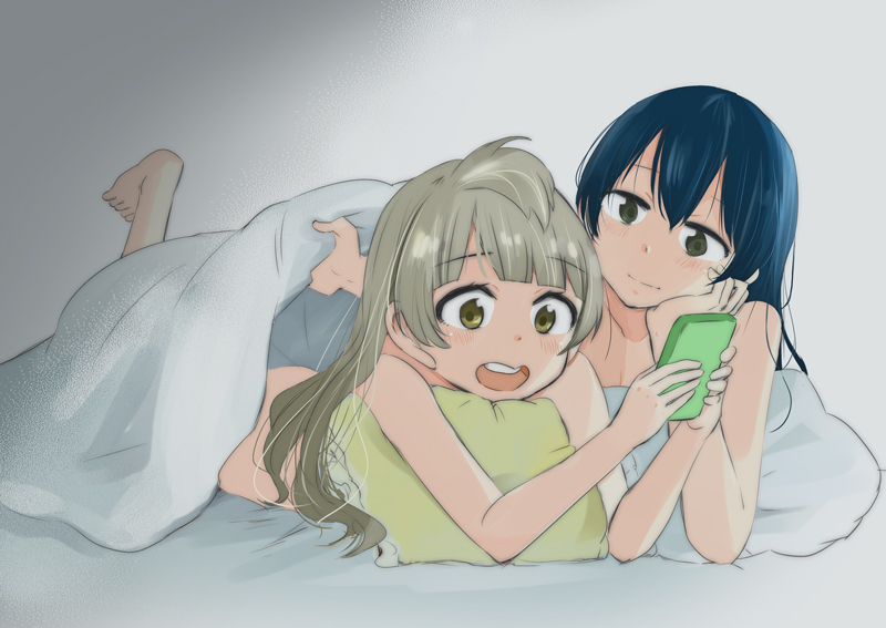 2girls, blanket, blue_hair, blush, boss_(artist), brown_eyes, brown_hair, cellphone