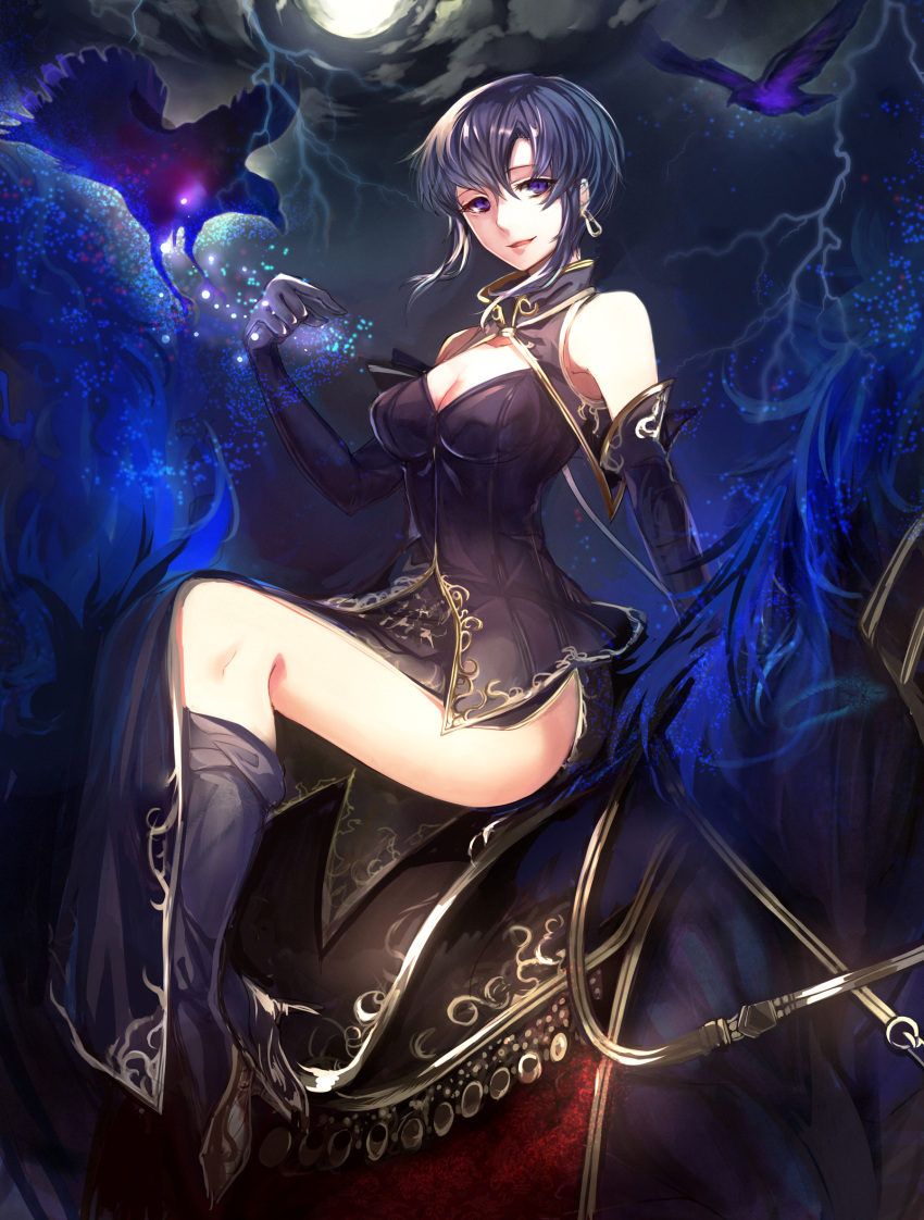 1girl, bird, breasts, cleavage, crow, dress, earrings, elbow_gloves