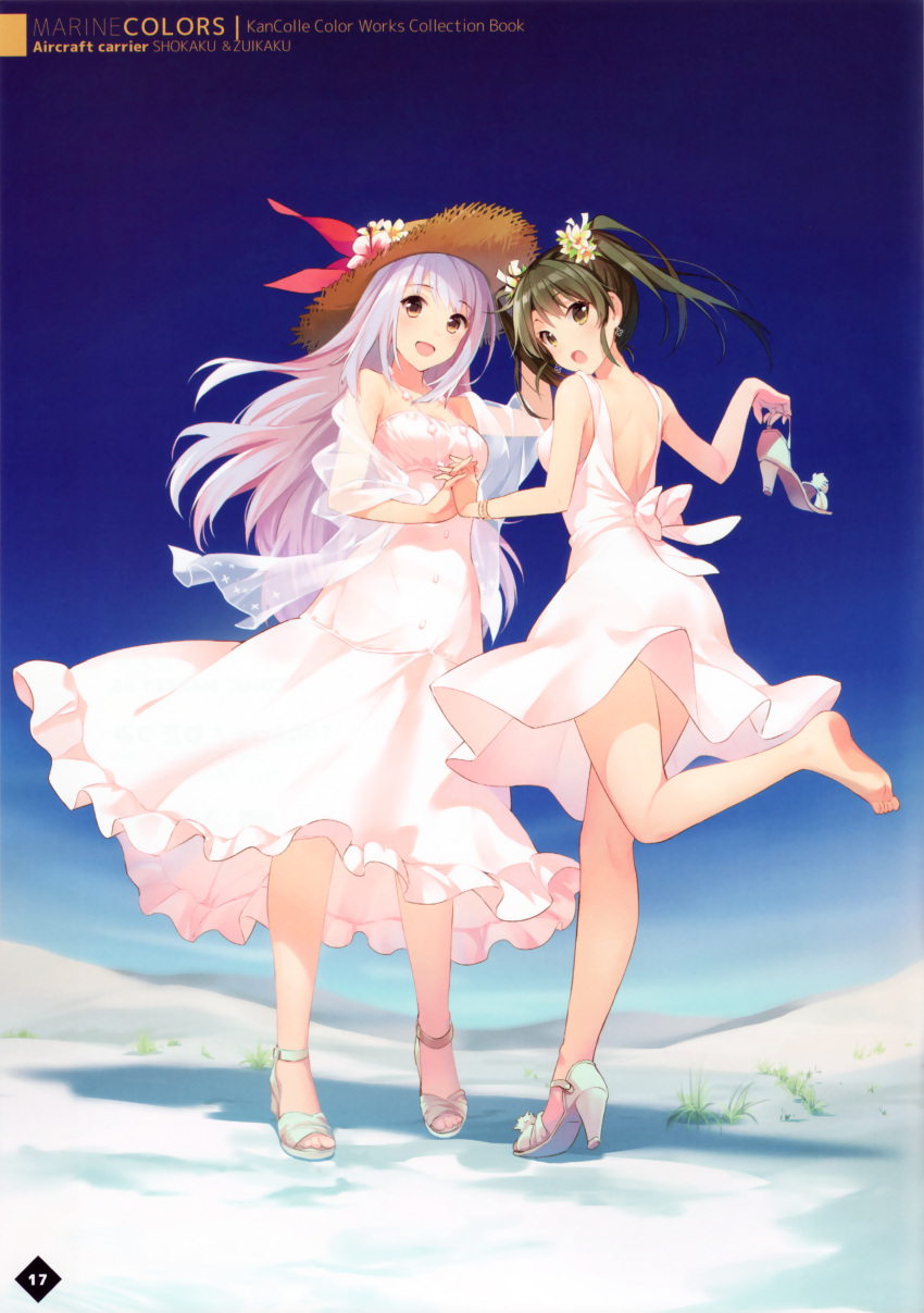 2girls, absurdres, alternate_costume, bare_shoulders, barefoot, blush, brown_eyes, brown_hair