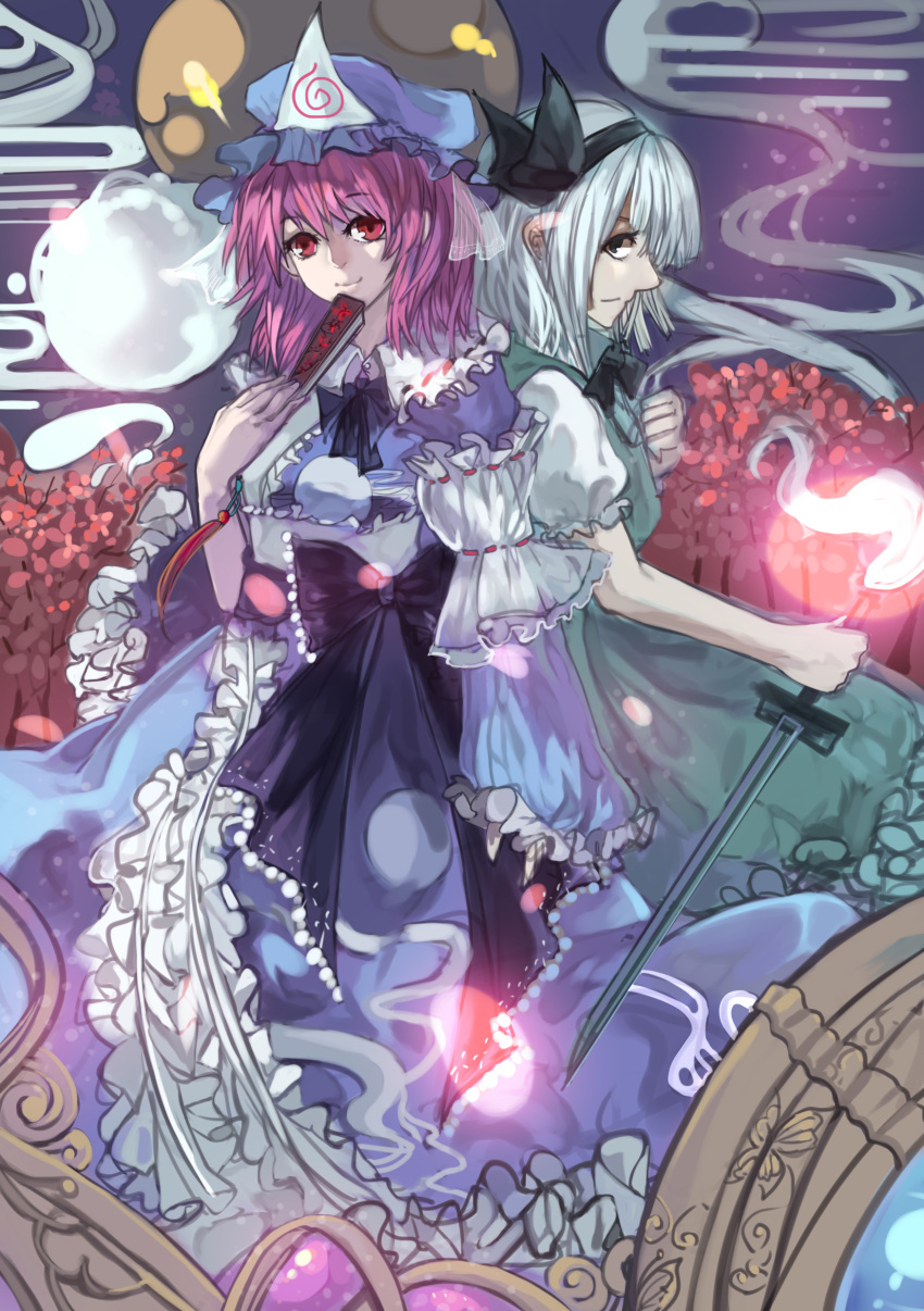 2girls, absurdres, back-to-back, blouse, breasts, cherry_blossoms, closed_fan, fan