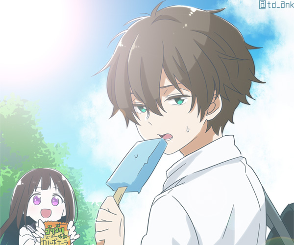 1boy, 1girl, black_hair, chitanda_eru, green_eyes, hyouka, long_hair, oreki_houtarou