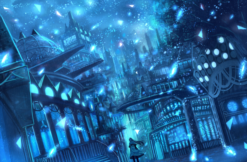 1girl, blue, bou_nin, building, city, city_lights, cityscape, dark