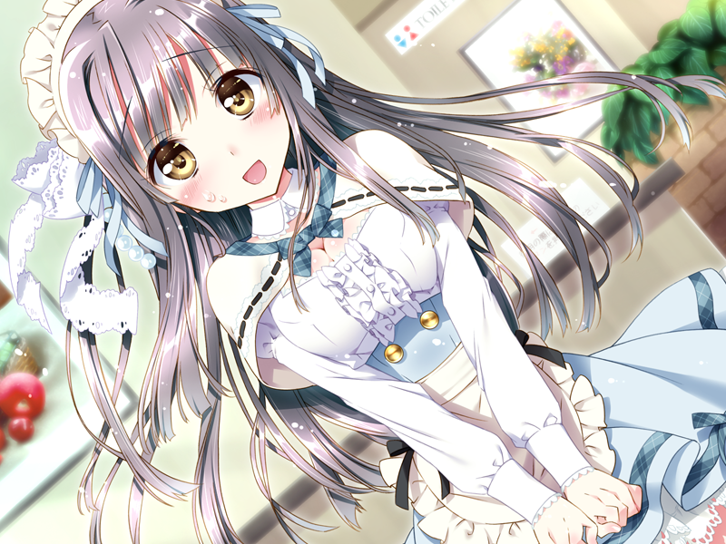 1girl, akagi_chisato, black_hair, bloom, breasts, capelet, cleavage, detached_collar, dutch_angle, frills, game_cg, hair_ribbon, kamiya_maneki, long_hair, open_mouth, relations_sisterxsister, ribbon, solo, sweat, v_arms, waitress, yellow_eyes