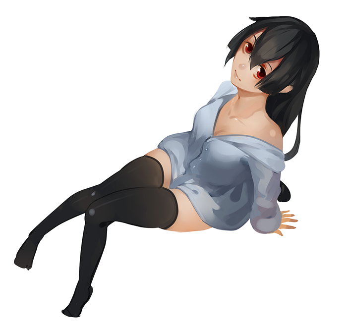 1girl, 34_(hakunimu), akame, akame_ga_kill!, black_hair, black_legwear, breasts, cleavage, downblouse, from_above, knees_together_feet_apart, long_hair, off_shoulder, red_eyes, shirt, sitting, smile, solo, thigh-highs, white_background