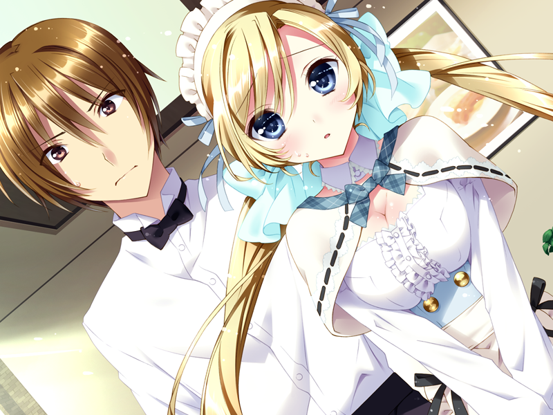 1boy, 1girl, akagi_kouhei_(relations_sisterxsister), bangs, blonde_hair, blue_eyes, bowtie, breast_squeeze, breasts, brown_eyes, brown_hair, bust, capelet, cleavage, couple, detached_collar, dutch_angle, frills, game_cg, kamiya_maneki, long_hair, looking_at_viewer, relations_sisterxsister, short_hair, swept_bangs, twintails, v_arms, waitress, yamashiro_misa