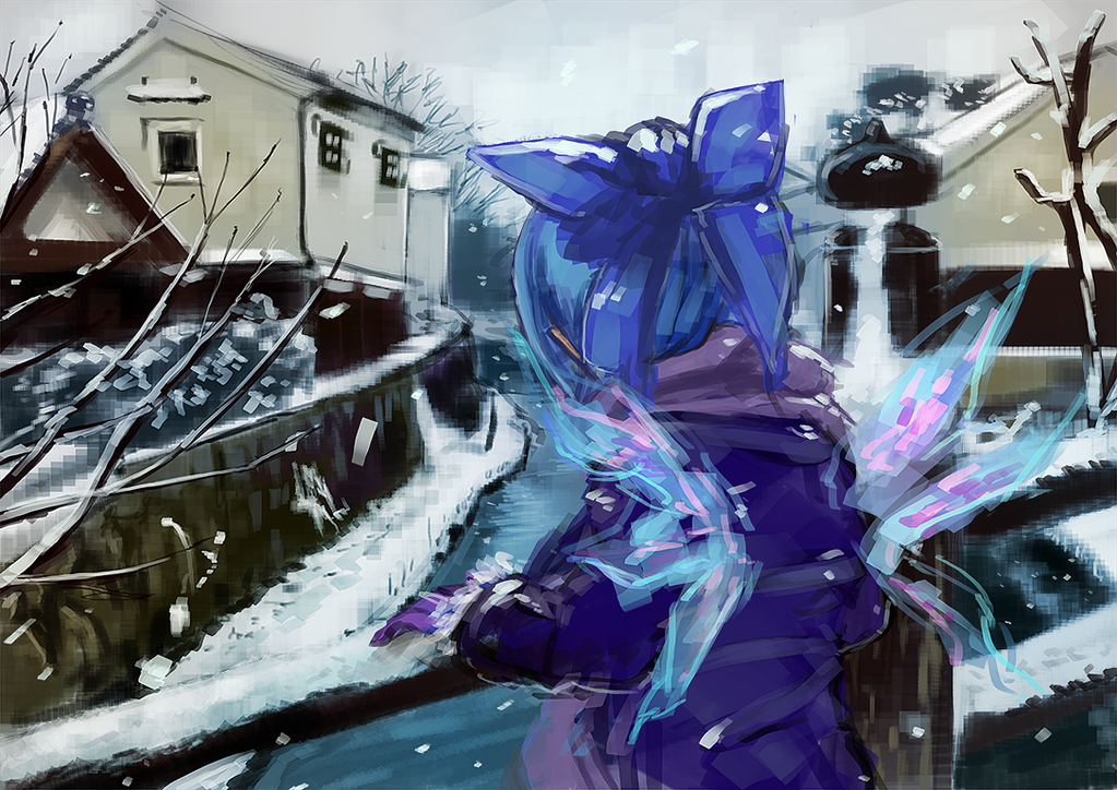 1girl, alternate_costume, back, blue_hair, building, cirno, coat, gloves, hair_ornament, hair_ribbon, house, ice, ice_wings, landscape, long_sleeves, nature, purupuru, ribbon, scarf, short_hair, snow, snowing, solo, touhou, tree, water, wings, winter, winter_clothes