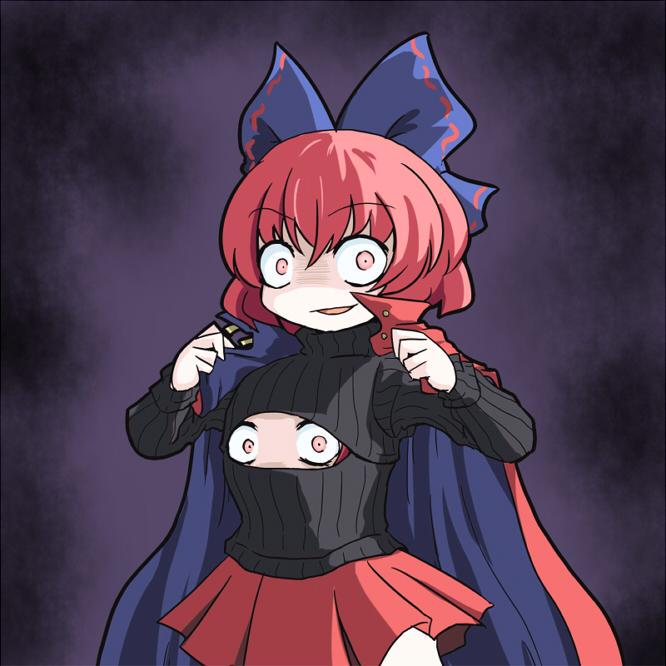 1girl, :d, adapted_costume, aratami_isse, bow, cape, evil_smile, hair_bow, open-chest_sweater, open_mouth, pink_eyes, redhead, ribbed_sweater, sekibanki, shaded_face, short_hair, skirt, smile, sweater, touhou