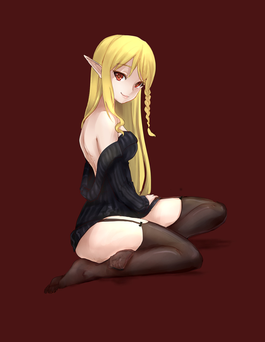 1girl, back, bare_shoulders, blonde_hair, braid, breasts, drawfag, elf, garter_straps, highres, lips, long_hair, no_pants, off-shoulder_sweater, pointy_ears, red_background, red_eyes, sako_rk_95_(upotte!!), sheer_legwear, side_braid, single_braid, sitting, smile, solo, thigh-highs, upotte!!