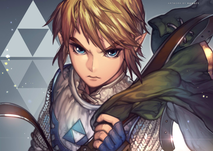 1boy, blonde_hair, blue_eyes, chainmail, gloves, kawacy, link, long_hair