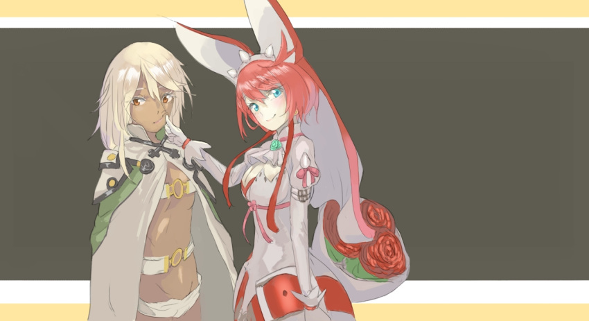 2girls, blue_eyes, bouquet, cape, dress, elphelt_valentine, flower, gloves
